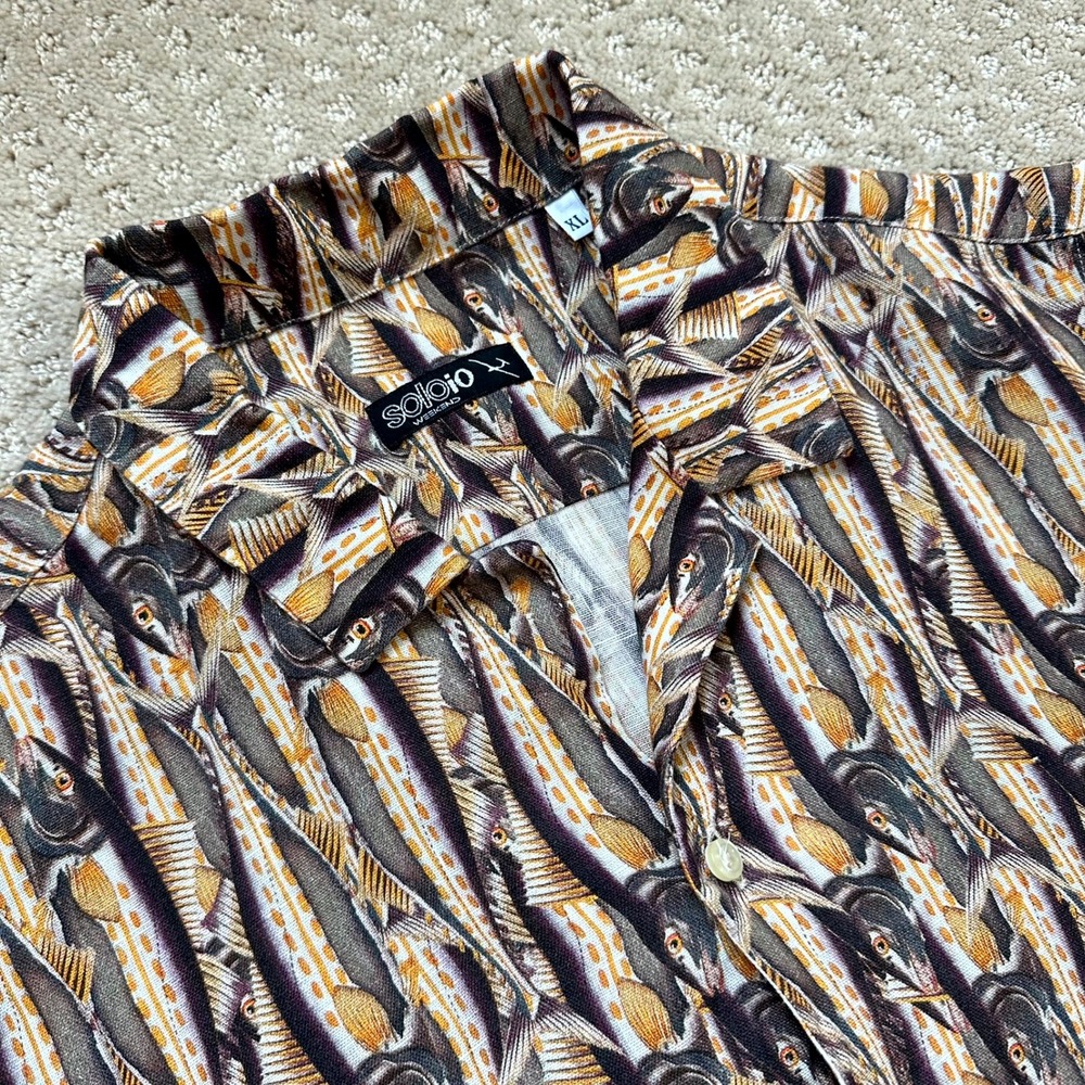 Soloio Shirt Men's XL All Over Fish Print Linen Short Sleeve Button Up Brown